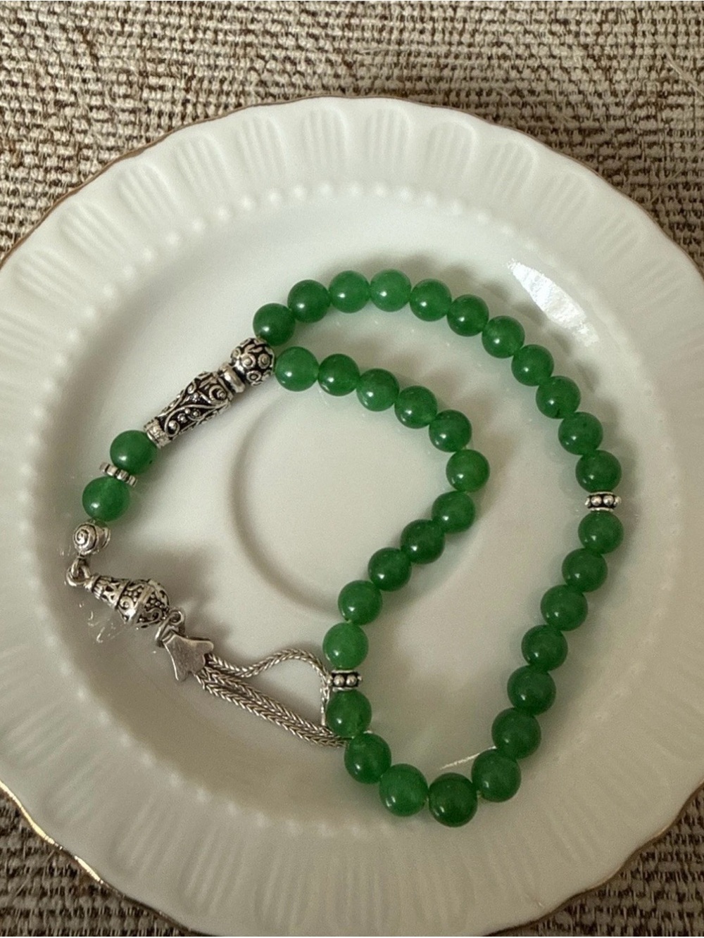 Green Agate Tesbih With Silver Tassel
